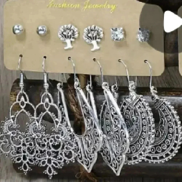 SIX Pair Antique Finish Novelty Fashion Silverplated Earrings Set - Picture 2 of 2